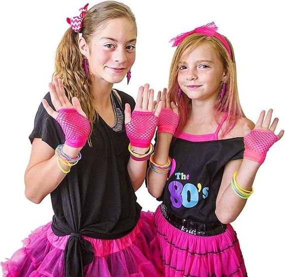 Набір рожевих аксесуарів у стилі 80-х обруч рукавички сережки намисто браслети, комплект для ретро образу на Хелловін, корпоратив | Зображення 4