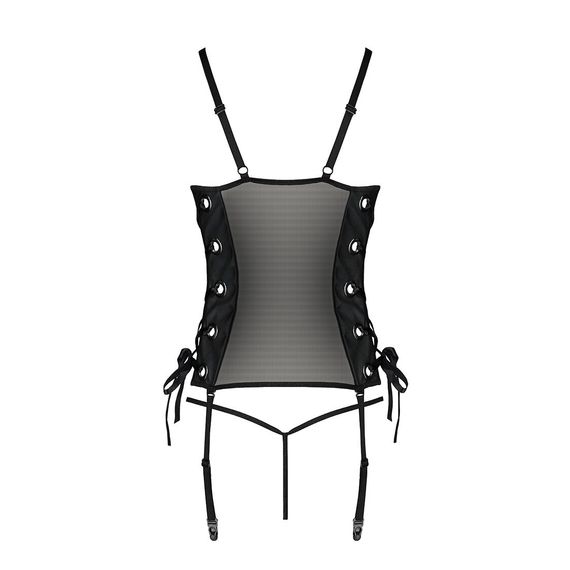 Сітчастий корсет з люверсами і знімними пажами Passion MALWIA CORSET 2XL/3XL black екошкіра, стрінги | Зображення 5