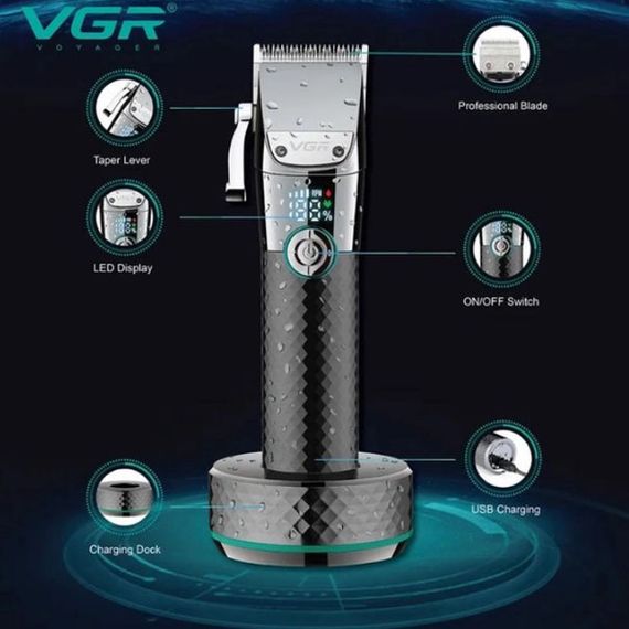Професійна бездротова машинка для стрижки VGR V-682 тример для волосся, бороди та вусів OS-974 на підставці | Зображення 9