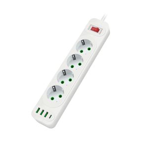 Мережевий фільтр F24U, 4 розетки EU+3 USB+PD, кнопка включення з індикатором, 2 м, 3х0,75мм, 2500W, White, Box
