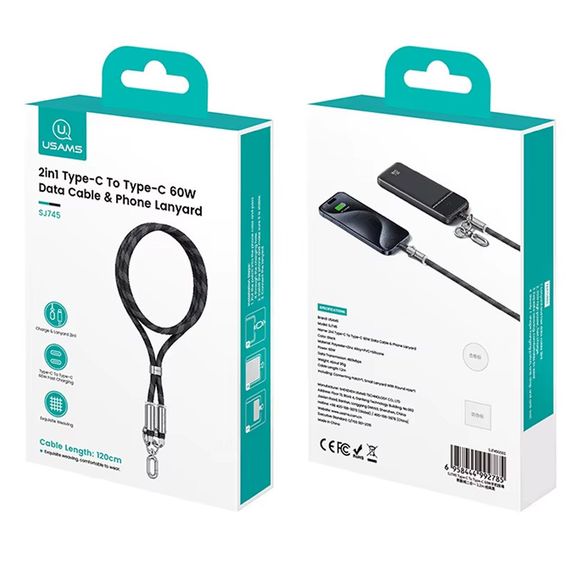 Дата кабель-шнурок Usams US-SJ745 Type-C to Type-C 60W (1.2m) Black | Зображення 2
