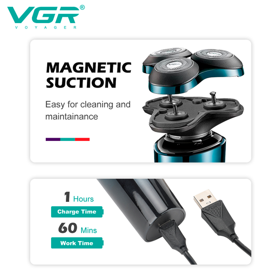 Электробритва VGR 3 в 1 V-303, 3 насадки, IPX7, LED дисплей | Зображення 2