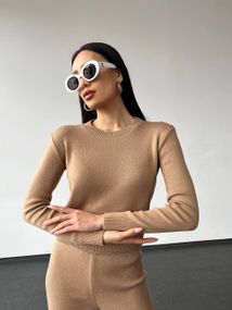 В'язаний жіночий костюм кофта та штани бежевого кольору розмір XS-XL M-L