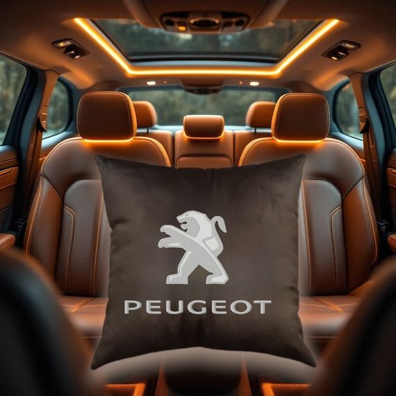 Авто Подушка з вишивкою логотипу марки пежо Peugeot коричневий автомобілісту 00168
