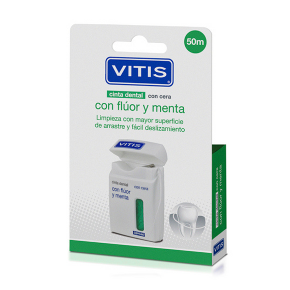 Широка зубна стрічка VITIS, покрита воском, з фтором, м'ятний смак, 50 м (DENTAID)