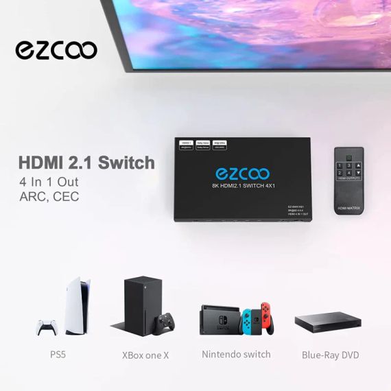 EZCOO 8K HDMI Switch 4 входа 1 выход, HDMI-коммутатор, поддерживает 8K@60 Гц и 4K120 Гц VRR, HDCP2.3, HDR Dolby Vision Atmos, дистанционное управление, CEC ( ez-sw41h21-asm) | Зображення 2