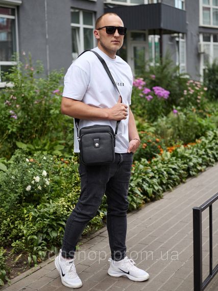 Мужская кожаная универсальная сумка 24х20х8, барсетка из кожи, сумочка для мужчин с регулировкой ручки, черная | Зображення 6