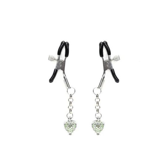 Затискачі для сосків із сердечком Liebe Seele Glow-in-dark Nipple Clamps Green, світяться в темряві