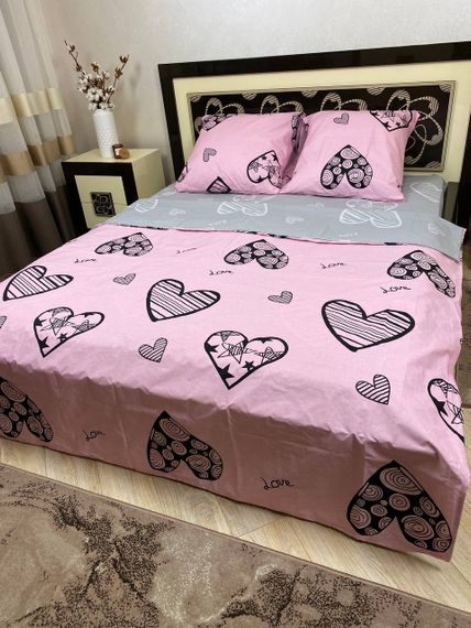 Комплект постільної білизни Soft полуторний романтичний сердечка 150х215 см рожево-сірий