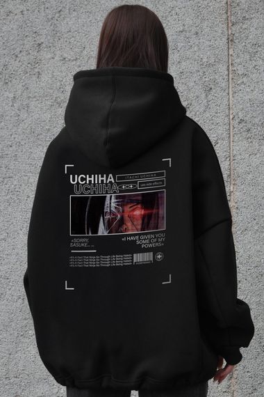 Оверсайз худі толстовка на флісі з капюшоном та принтом Without Uchiha Black | Зображення 4