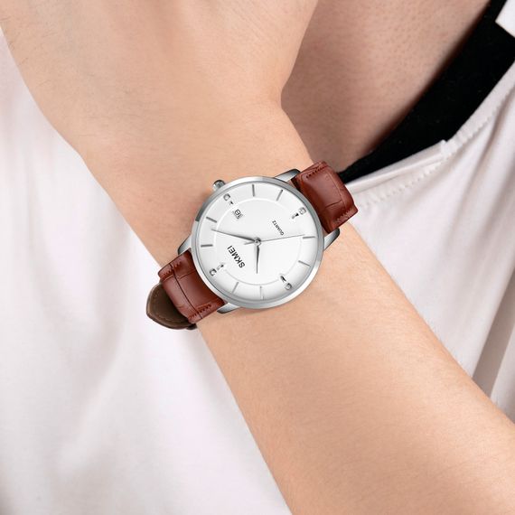 Чоловічий годинник Skmei 1801LSIBN Silver-White Brown Leather | Зображення 2