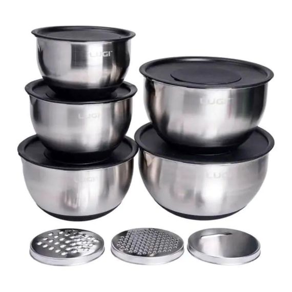 Набір мисок з нержавіючої сталі 5 штук з кришками і терками салатники з нержавійки 5/4/ 2.5/2/1.5 л LG-01/5PCS
