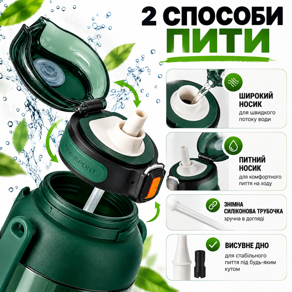 Бутылка для воды TKK 1400 мл зеленая спортивная Tritan BPA Free ударопрочная с соломинкой, ручкой и ремешком через плечо | Зображення 1