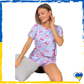 Жіноча піжама топ і шорти блакитна з фламінго S, M, L, XL