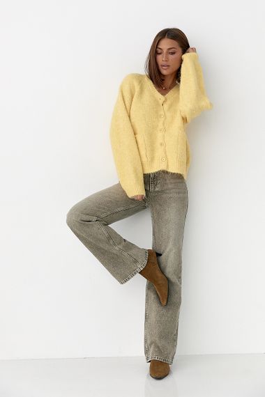 Теплий в'язаний кардиган із кишенями - жовтий цвет, ONE SIZE (є розміри) | Зображення 2