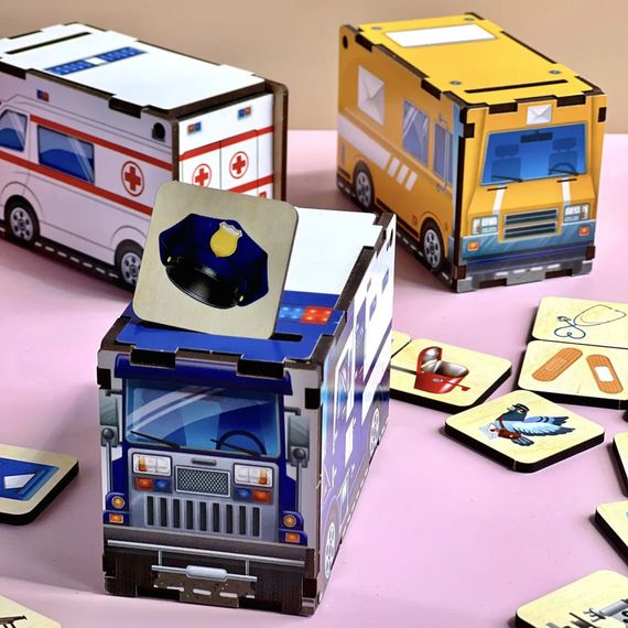 Дерев'яна настільна гра "Службовий транспорт" Ubumblebees (ПСФ027) PSF027 сортер-комодик | Зображення 3