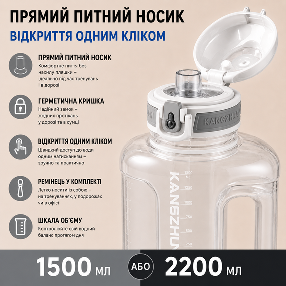 Бутылка для воды KANGZYUAN 2200 мл Tritan BPA Free Белая (с ручкой и ремешком) | Зображення 7