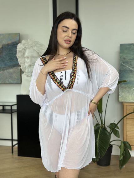 Біла пляжна туніка PLUS SIZE з орнаментом