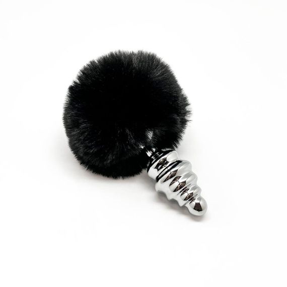 Металева анальна пробка Кролячий хвостик Alive Fluffy Twist Plug M Black, діаметр 3,4 см | Зображення 1