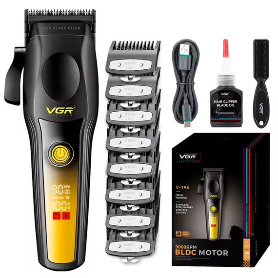 Аккумуляторная машинка для стрижки VGR V-195 GOLD, 8 насадок, 9000 RPM, 2500 mAh, LED дисплей