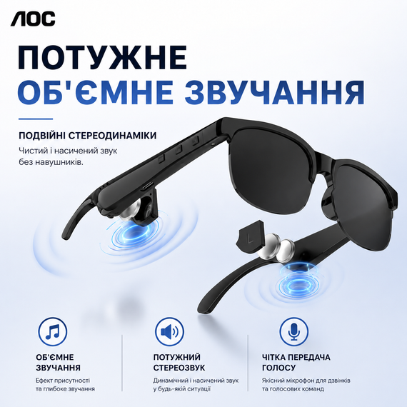 Умные солнцезащитные очки AOC со встроенными беспроводными наушниками и микрофоном для телефона, Type-C. Черные | Зображення 11