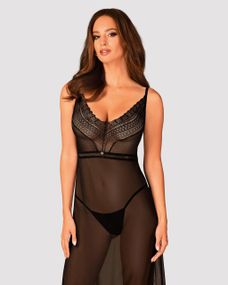 Напівпрозора довга сорочка Obsessive Estiqua chemise, чорний, асиметричний крій, XS/S