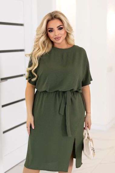 Женское летнее платье миди с коротким рукавом с разрезом и поясом GF9037 цвет хаки размер 54/56 | Зображення 3