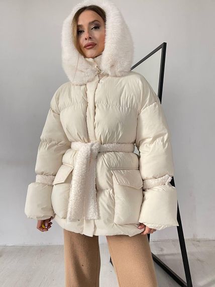 Пуховик с опушкой и капюшоном Cresh Puffer, молочный | Зображення 4