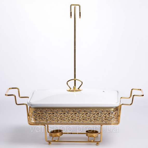 Прямоугольный фарфоровой мармит 2 л на золотой стойке с подогревом YL-78