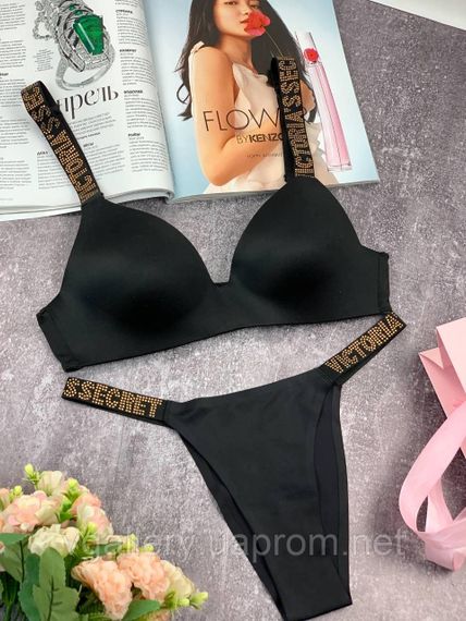 Комплект женского бесшовного белья Victoria`s Secret GOLD с золотыми стразами Черный цвет | Зображення 1