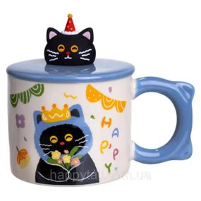 Чашка порцелянова з кришкою Kitten's Birthday 400 (мл) подарункова кружка прикольна чашка для дітей на подарунок Синій FM-24A