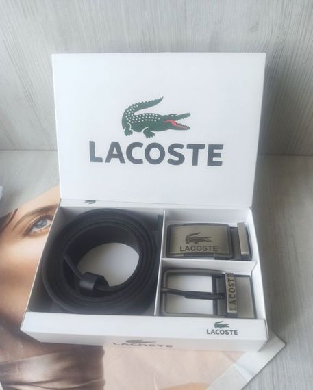 Чоловічий чорний  подарунковий набір ремінь+ дві пряжки Lacoste