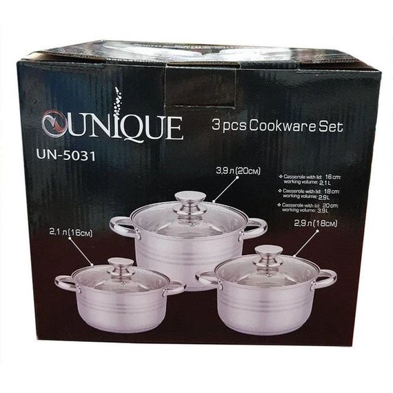 Набор Unique UN-5031 из нержавеющей стали, кастрюли с крышками 2,1л, 2,9л, 3,9л | Зображення 1