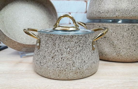 Набор посуды кастрюль премиум класса O.M.S. Collection 3041 с гранитно-мраморным покрытием Песочный (Турция) | Зображення 4