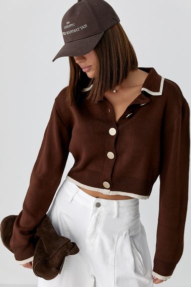 Короткий кардиган на ґудзиках із контрастною окантовкою - коричневий цвет, ONE SIZE (є розміри)