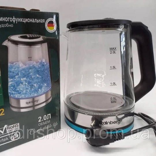 Чайник электрический стеклянный электрочайник с LED подсветкой Rainberg RB-2262 2л 2200Вт PZ-62