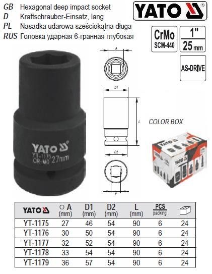 Головка торцевая ударная длинная 1" М=27 l=90 мм YATO Польша YT-1175