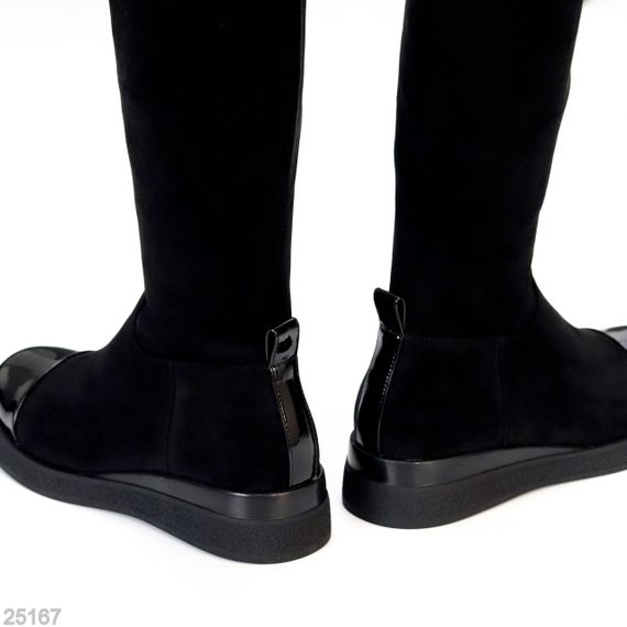 Шикарні високі чорні чоботи замшеві ботфорти з глянцевим носиком | Зображення 2