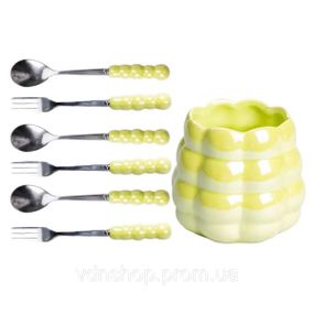 Набор десертных вилок и ложек на 3 персоны с подставкой из фарфора 7 предметов Зеленый HP-20-58