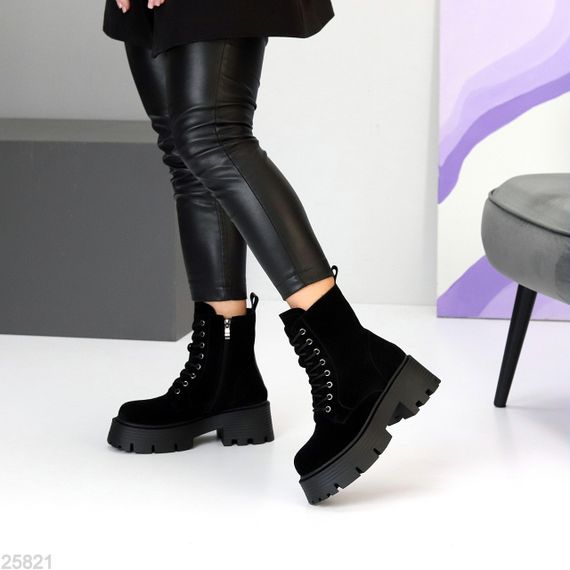 Молодіжні чорні замшеві зимові черевики берці на масивній підошві | Зображення 6