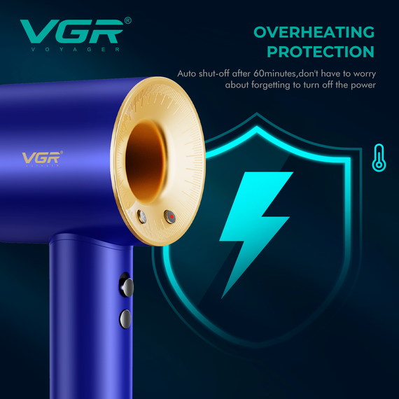 Фен профессиональный VGR V-445 BLUE, 3 уровня обдува, 4 уровня температуры, 1600 Вт, 110000 RPM | Зображення 6