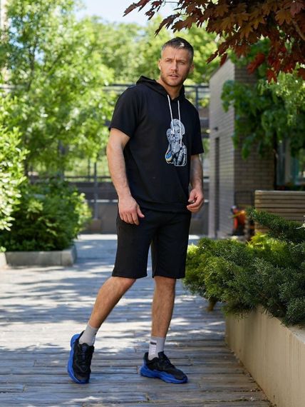 Чоловічий літній костюм SOLINNA (худі + шорти) двонитка, спортивний комплект чоловічий Чорний, 50-52 | Зображення 2