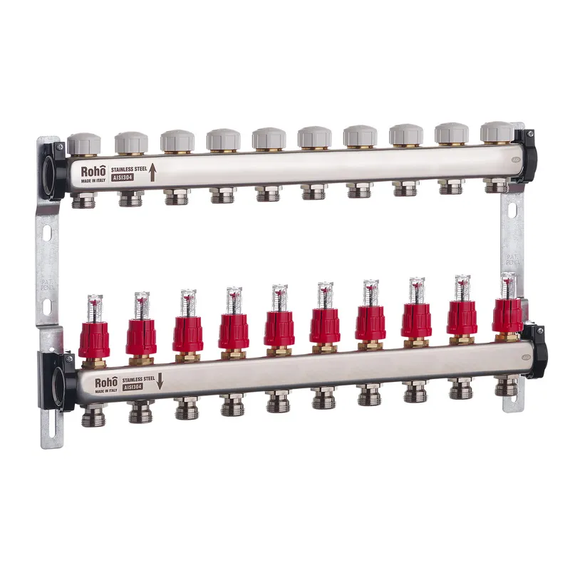 Коллектор с расходомером и термостатическими клапанами Roho R804-10 - 1"х 10 ВЫХ. (RO0042)
