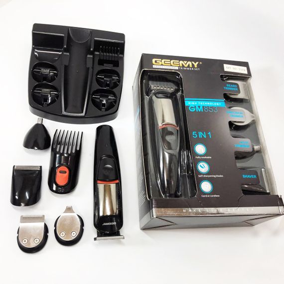 Машинка для стрижки 5в1 Geemy GM-853 стайлер, бритва, триммер на аккумуляторе нержавеющая сталь 6 насадок | Зображення 2