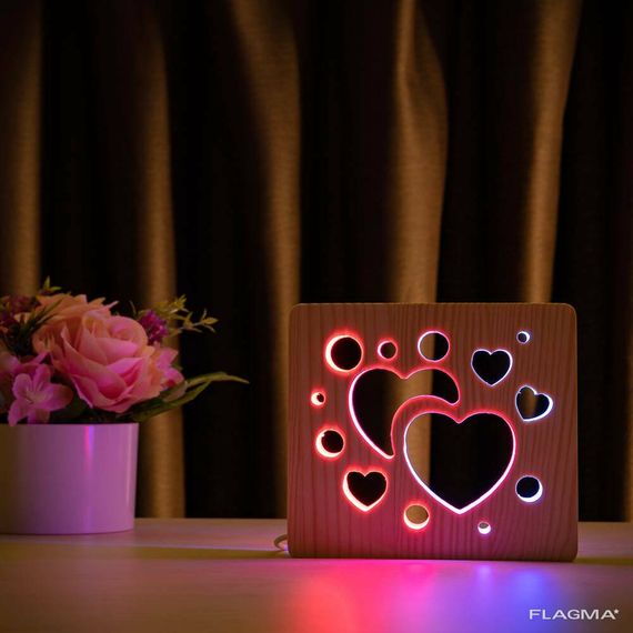 Светильник ночник ArtEco Light из дерева LED "Сердечки" с пультом и регулировкой цвета... | Зображення 2