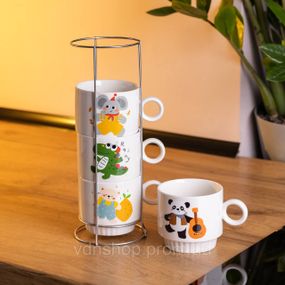 Набор фарфоровых чашек для детей на металлической подставке Animals 4 (шт) по 300 (мл) подарочный набор чашек FM-8