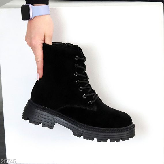 Базові чорні зимові черевики берці натуральна замша, блискавка + шнурівка | Зображення 4