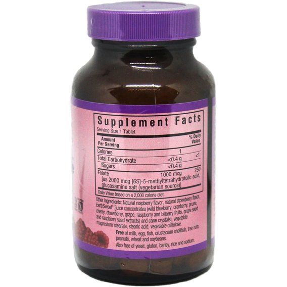 Фолиевая кислота Bluebonnet Nutrition Earth Sweet Chewables Methyfolate 1000 mcg 90 Chewable Tabs Natural Raspberry Flavor BLB0455 | Зображення 1