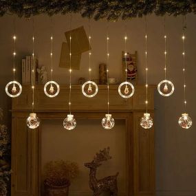 Гірлянда штора 3м з теплим жовтим світінням "Круги та кулі" ялинка, сніговик, дід мороз, олень, шапка SF-50