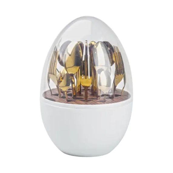 Набор столовых приборов золотых на 6 персон из нержавеющей стали 24 штуки с подставкой Белый HP7888 | Зображення 1